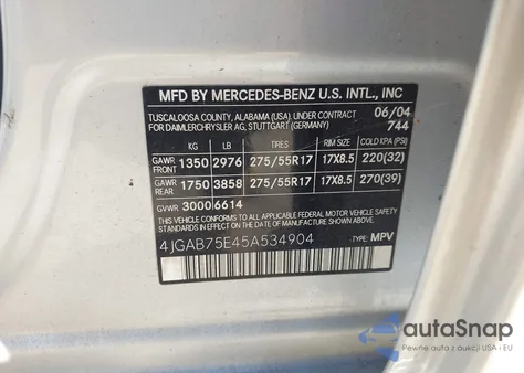 2005 Mercedes-Benz Ml 500 4Matic из США, поврежденный, VIN 4JGAB75E45A534904